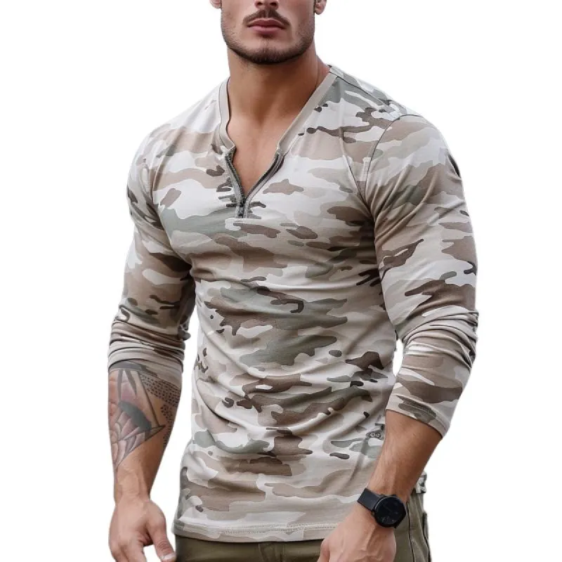 Men's Casual Camouflage Zipper V-Neck Slim Fit Long Sleeve T-Shirt 31030279M sold by Manly