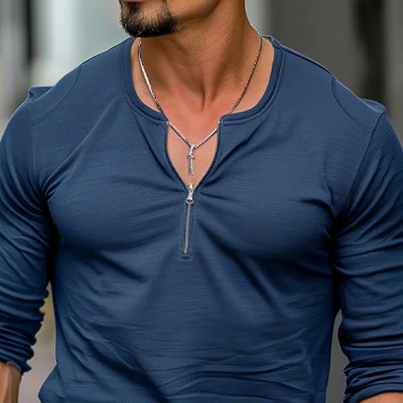 Men's Solid Color Stitching Zipper V-Neck Long-Sleeved T-Shirt 06371455Y sold by Manly product image thumbnail 3