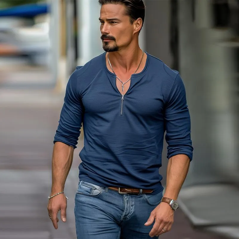 Men's Solid Color Stitching Zipper V-Neck Long-Sleeved T-Shirt 06371455Y sold by Manly product image thumbnail 2