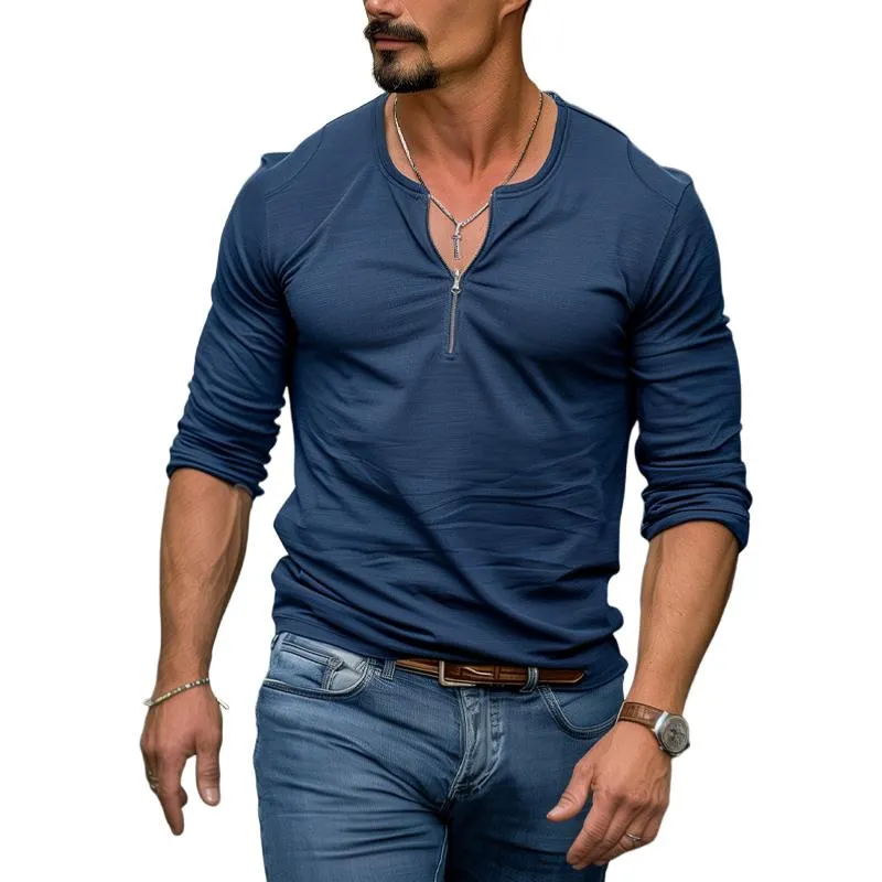 Men's Solid Color Stitching Zipper V-Neck Long-Sleeved T-Shirt 06371455Y sold by Manly