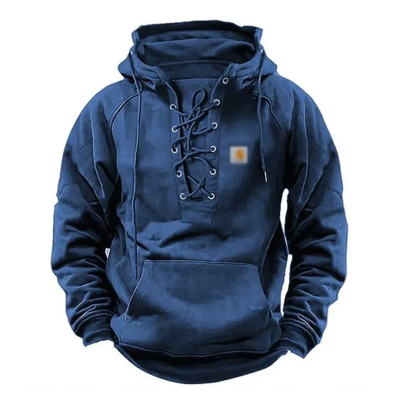 Men's Retro Solid Color Lace Up Hooded Long Sleeved Hoodie 76881800Y sold by Manly