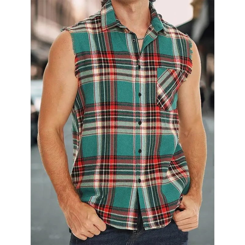 Men's Plaid Print Button-Down Sleeveless Shirt 28603855Y sold by Manly product image thumbnail 3