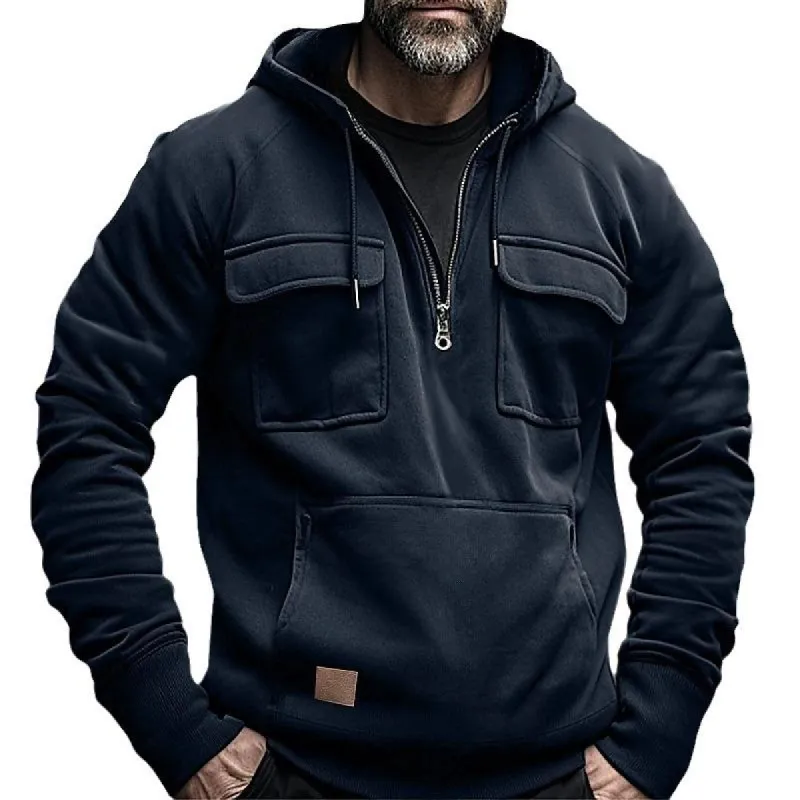 Men's Solid Multi-pocket Zipper Raglan Sleeve Hoodie 27858382Z sold by Manly