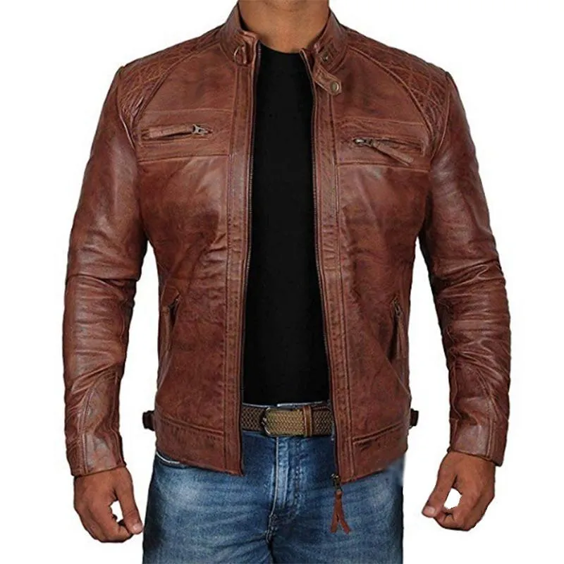 Men's Punk Stand Collar Leather Biker Jacket 39250282M sold by Manly product image thumbnail 2