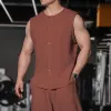 Men's Cotton and Linen Round Neck Single Breasted Sleeveless Tank Top 87170554Y sold by Manly