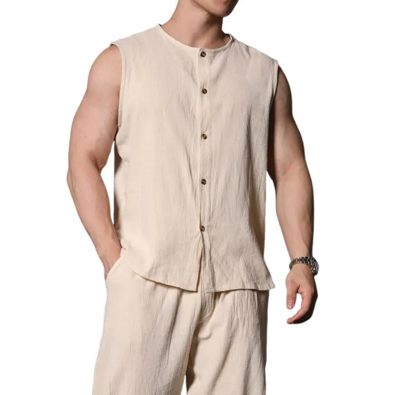 Men's Cotton and Linen Round Neck Single Breasted Sleeveless Tank Top 87170554Y sold by Manly