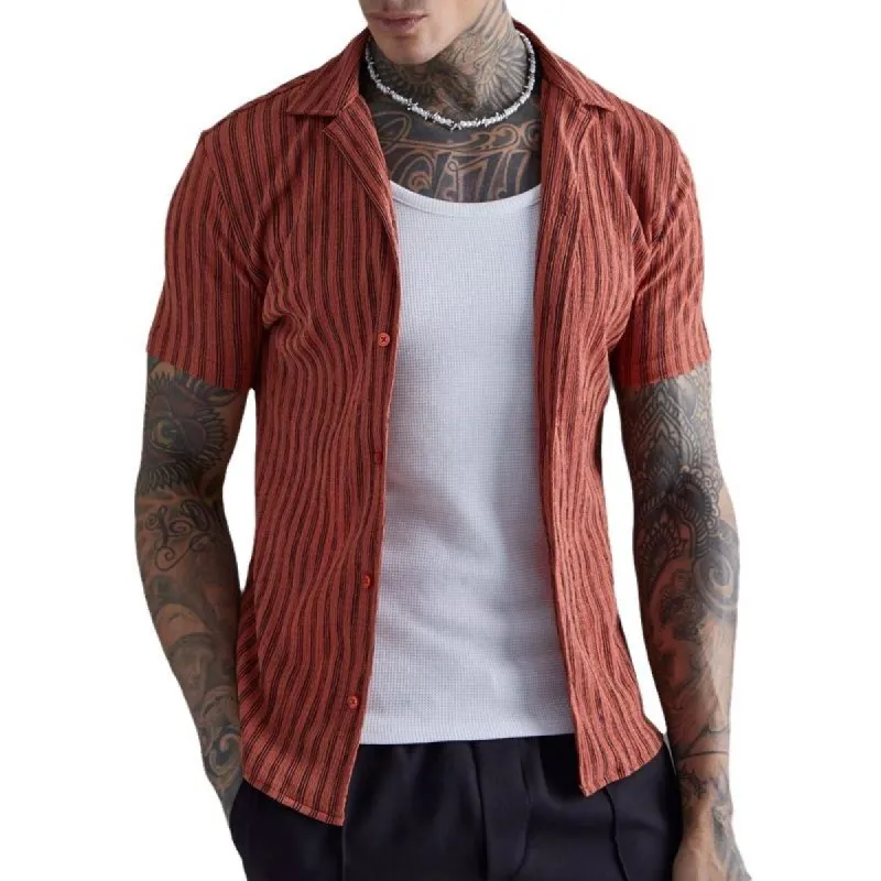 Men's Striped Lapel Short Sleeve Casual Shirt 47694780Z sold by Manly