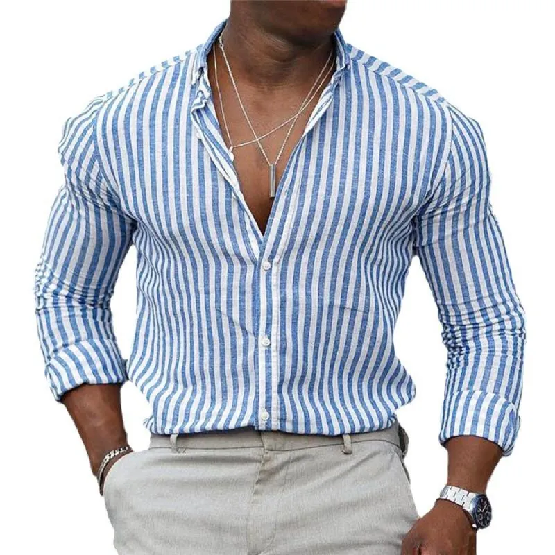 Men's Striped Lapel Long Sleeve Casual Shirt 79325890Z sold by Manly