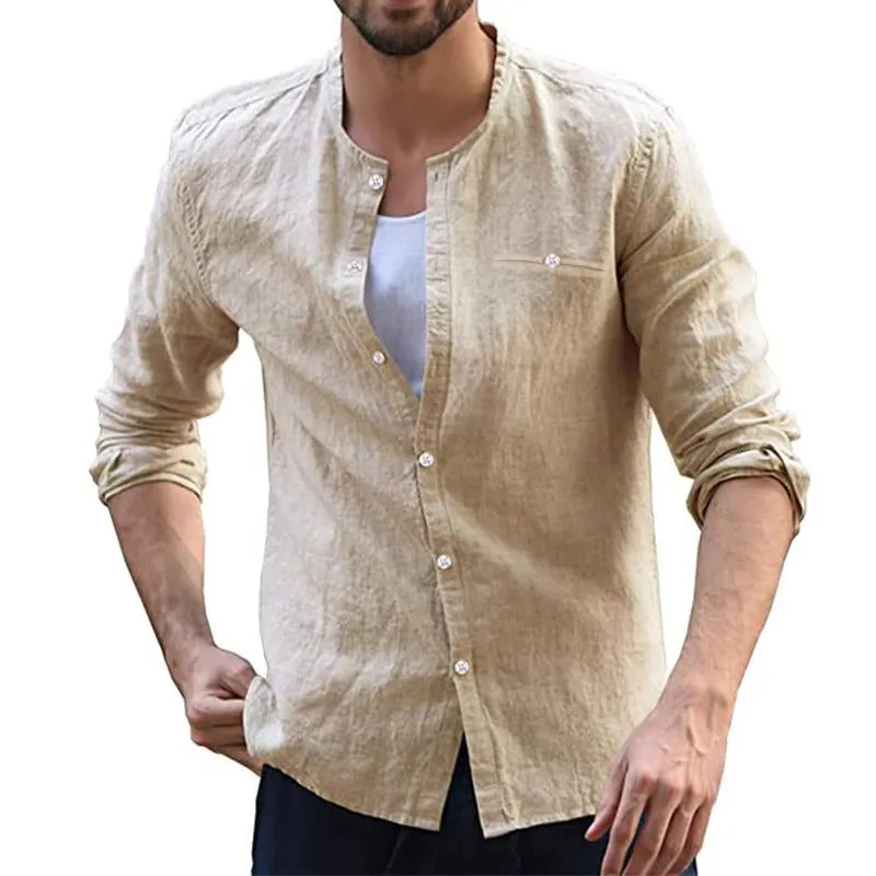 Men's Casual Solid Color Collarless Breast Pocket Long Sleeve Shirt 28949828Y sold by Manly product image thumbnail 3