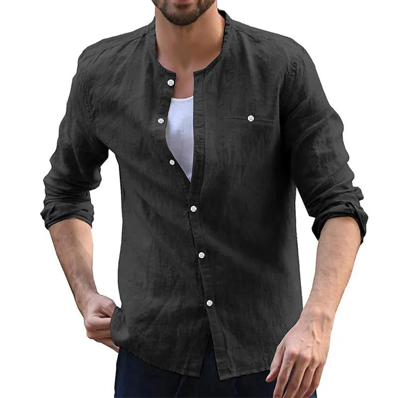 Men's Casual Solid Color Collarless Breast Pocket Long Sleeve Shirt 28949828Y sold by Manly