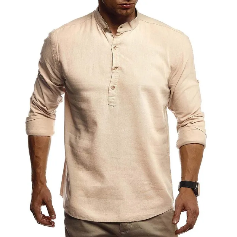 Men's Stand Collar Long Sleeve Linen Shirt 22747670Z sold by Manly