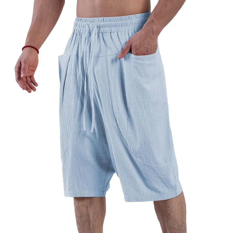 Men's Solid Cotton And Linen Elastic Waist Casual Shorts 77785338Z sold by Manly