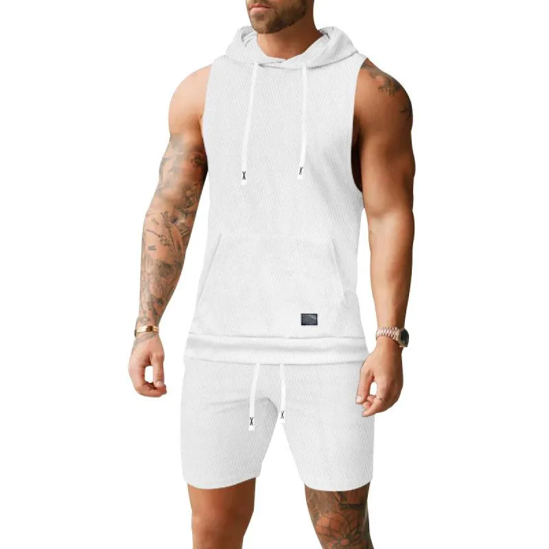 Men's Solid Color Jacquard Knitted Hooded Sleeveless Vest Shorts Two-piece Set 96326009X made by Manly