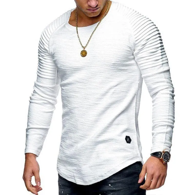 Men's Casual Solid Color Pleated Stitching Round Neck Long Sleeve T-Shirt 46273311M sold by Manly