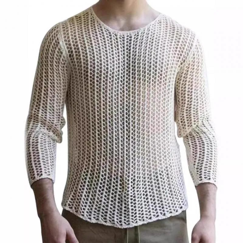 Men's Casual Round Neck Three-Quarter Sleeve Hollow Pullover Knitwear 67374676M sold by Manly