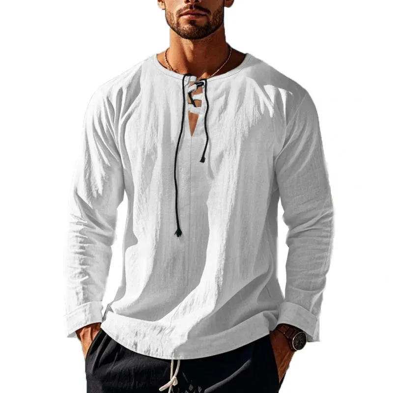 Men's Solid Cotton And Linen Lace-up V Neck Long Sleeve Shirt 32612337Z sold by Manly