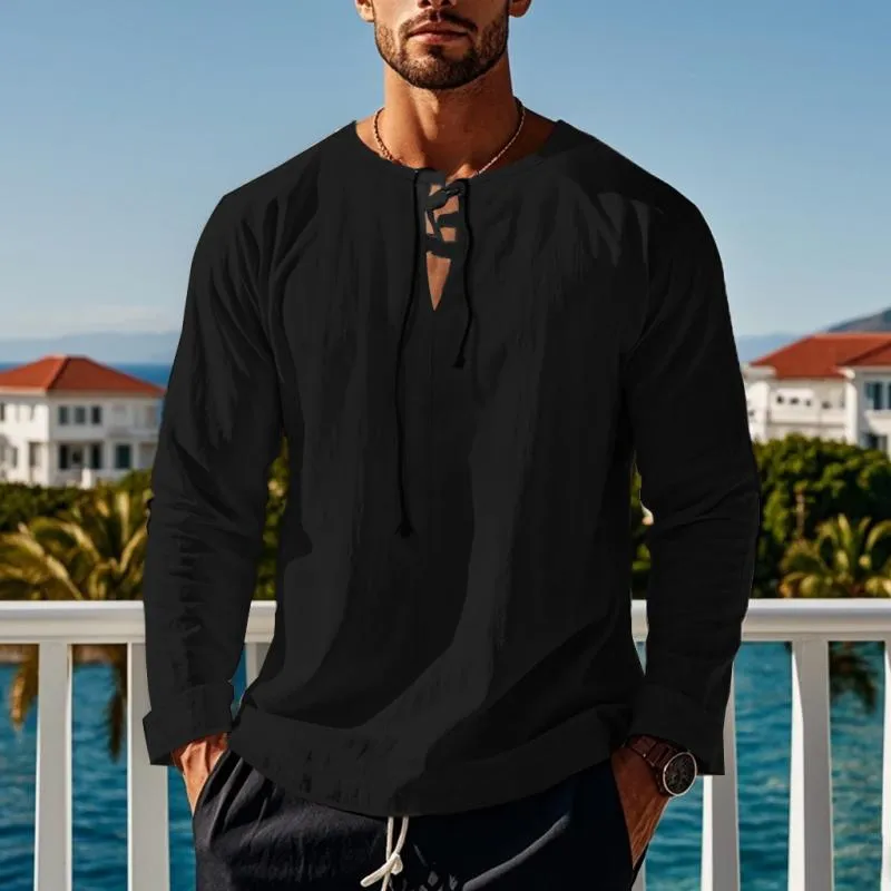 Men's Solid Cotton And Linen Lace-up V Neck Long Sleeve Shirt 32612337Z sold by Manly product image thumbnail 4