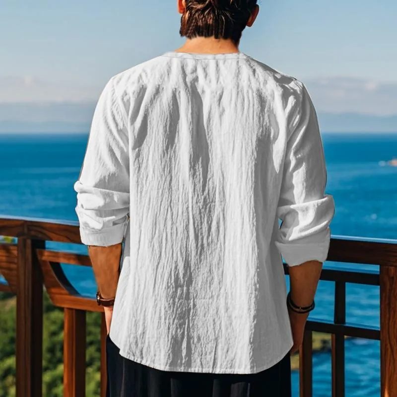 Men's Solid Cotton And Linen Lace-up V Neck Long Sleeve Shirt 32612337Z sold by Manly product image thumbnail 3