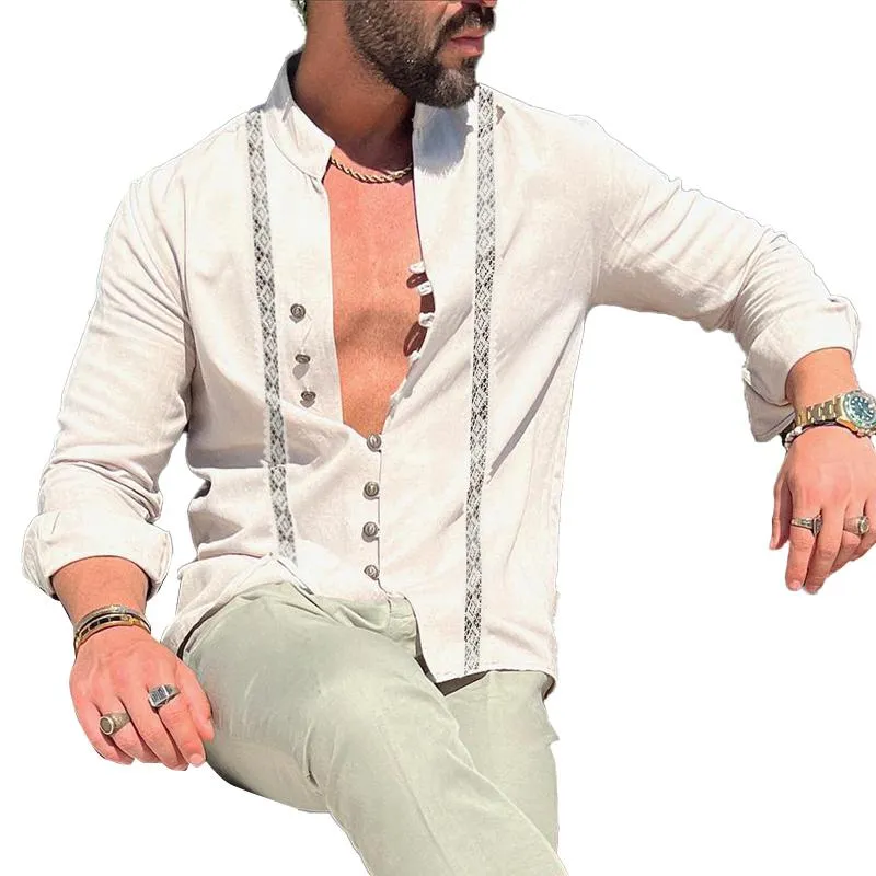 Men's Casual Printed Stand Collar Long Sleeve Shirt 67014648Y sold by Manly