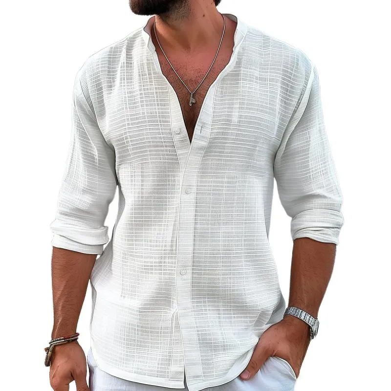 Men's Solid Color Textured Stand Collar Long Sleeve Shirt 64966372Z sold by Manly