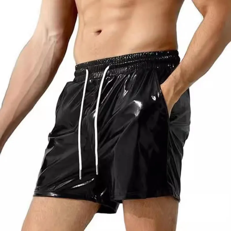 Men's Casual Solid Color Elastic Waist Shiny PU Shorts 98012478M sold by Manly
