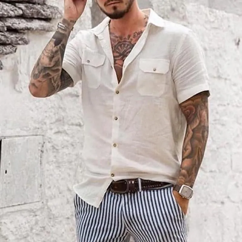 Men's Casual Solid Color Double Pocket Lapel Short Sleeve Shirt 42577066Y sold by Manly product image thumbnail 3
