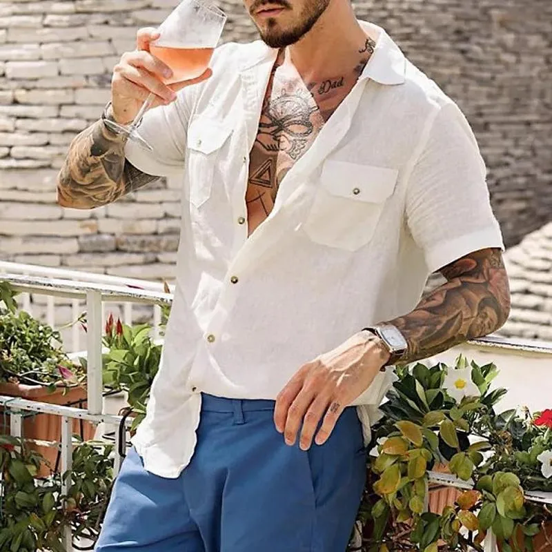Men's Casual Solid Color Double Pocket Lapel Short Sleeve Shirt 42577066Y sold by Manly product image thumbnail 2
