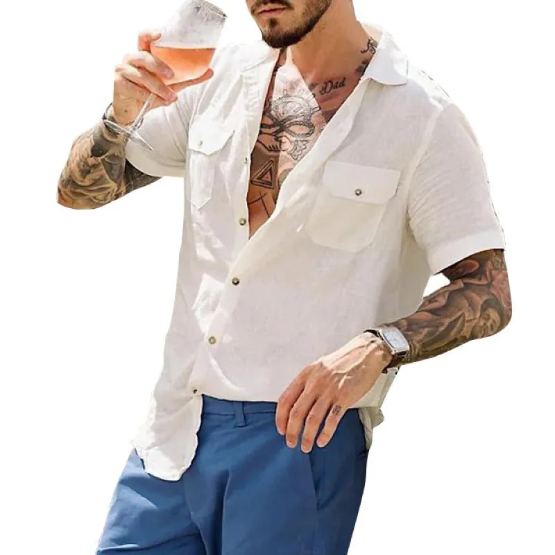 Men's Casual Solid Color Double Pocket Lapel Short Sleeve Shirt 42577066Y sold by Manly