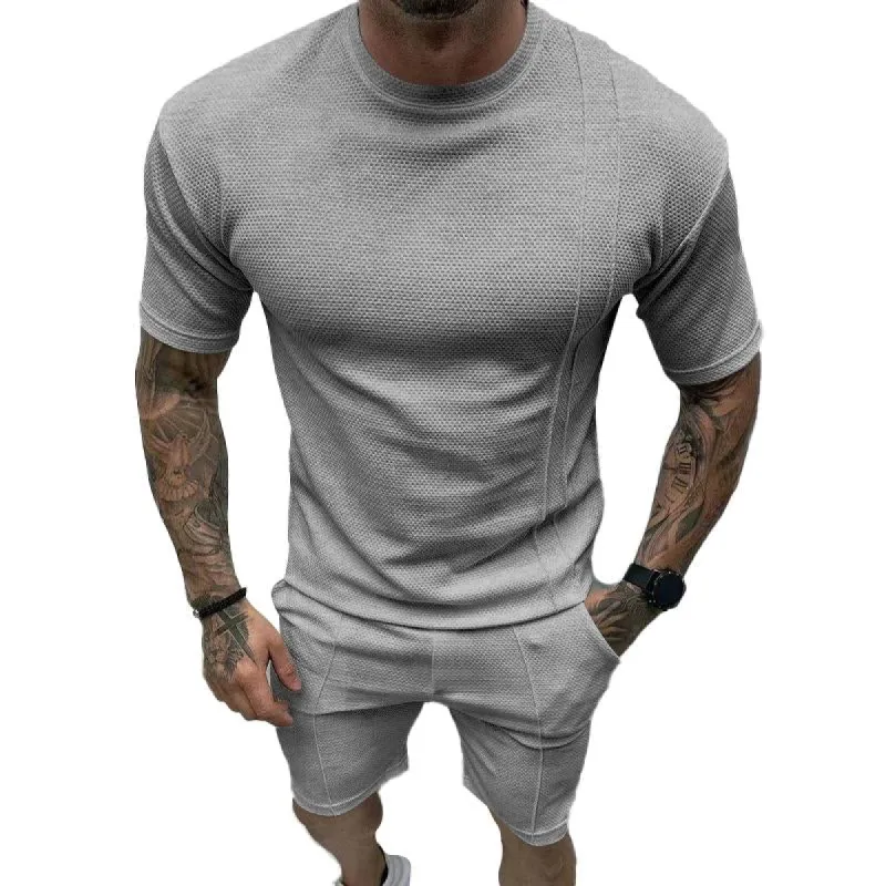 Men's Casual Solid Color Waffle Short-Sleeved T-Shirt Shorts Set 49546706Y sold by Manly