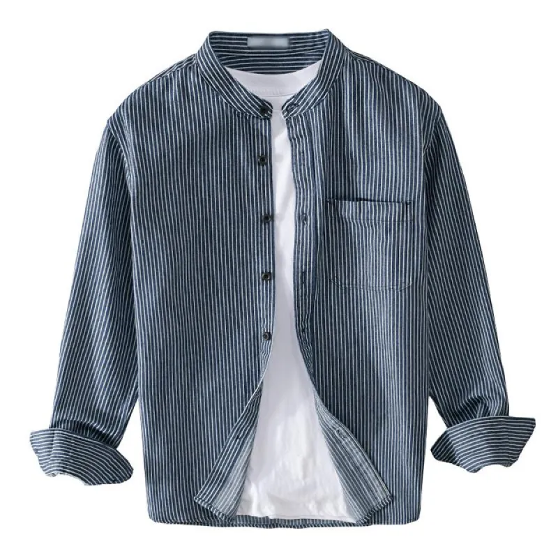 Men's Casual Stand Collar Striped Loose Denim Long Sleeve Shirt 90306406M sold by Manly