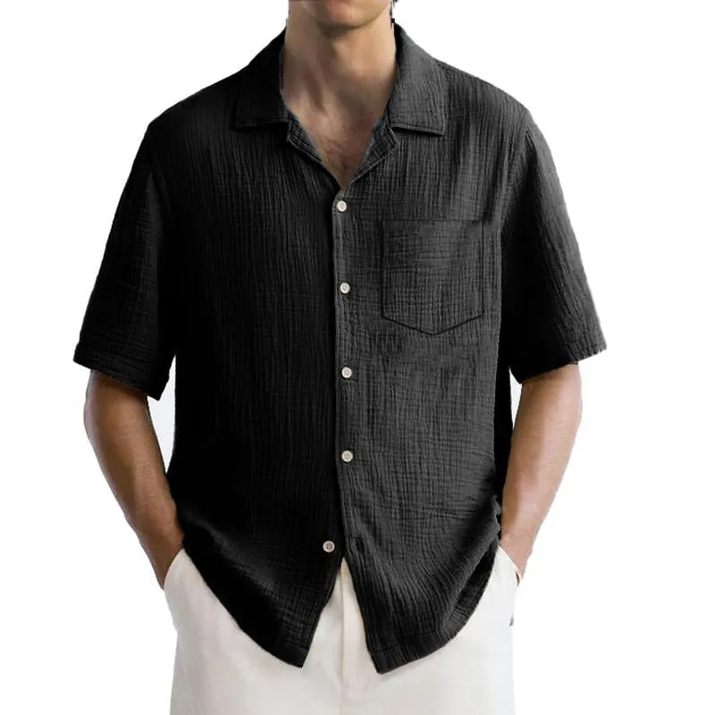 Men's Solid Color Cotton And Linen Chest Pocket Short Sleeve Shirt 77475871Y sold by Manly