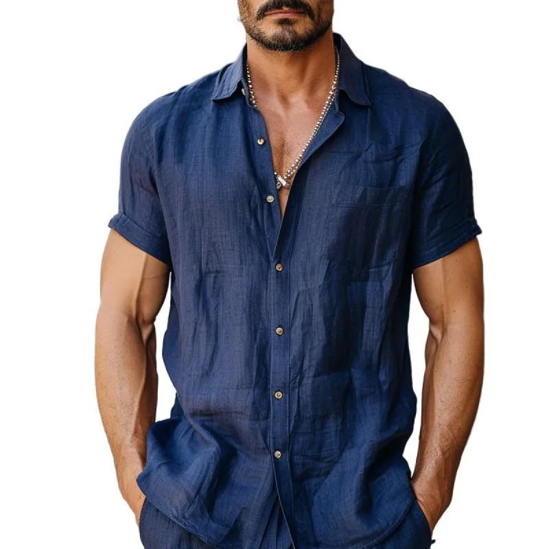 Men's Casual Cotton Linen Lapel Slim Fit Short Sleeve Shirt 36738551M sold by Manly