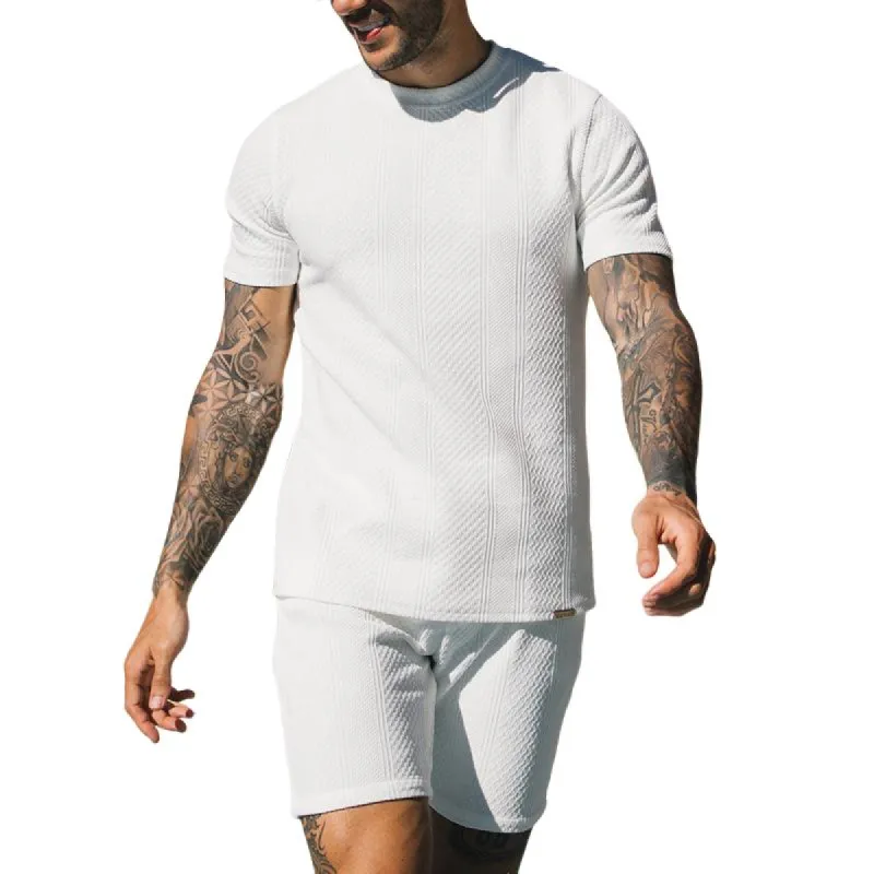 Men's Solid Color Texture Round Neck Short Sleeve T-shirt Shorts Casual Set 04802077Z sold by Manly