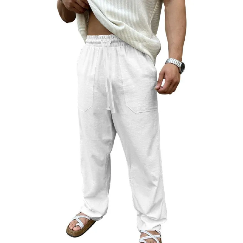 Men's Solid Cotton And Linen Loose Elastic Waist Casual Pants 24169644Z sold by Manly