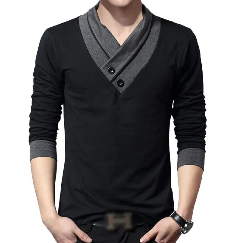 Men's Casual V-Neck Contrast Patchwork Long-Sleeved T-Shirt 38972461M sold by Manly