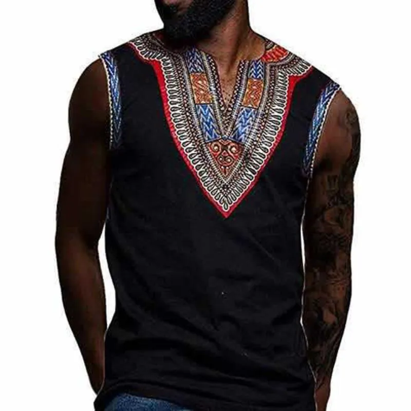 Men's Vintage Ethnic Print Patchwork V-Neck Tank Top 82824258Y sold by Manly