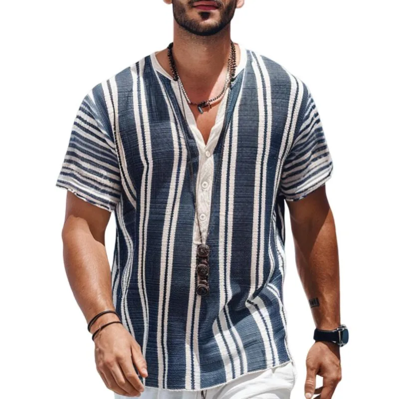 Men's Casual Stripe Print Henley Collar Loose Pullover Short Sleeve Shirt 88253401M sold by Manly
