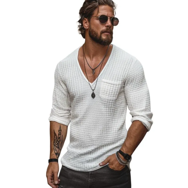 Men's Casual V-neck Waffle Patch Pocket Slim Fit Long Sleeve T-shirt 01012965M sold by Manly