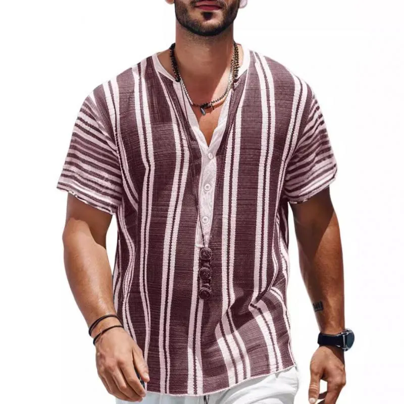 Men's Casual Stripe Print Henley Collar Loose Pullover Short Sleeve Shirt 88253401M sold by Manly product image thumbnail 3