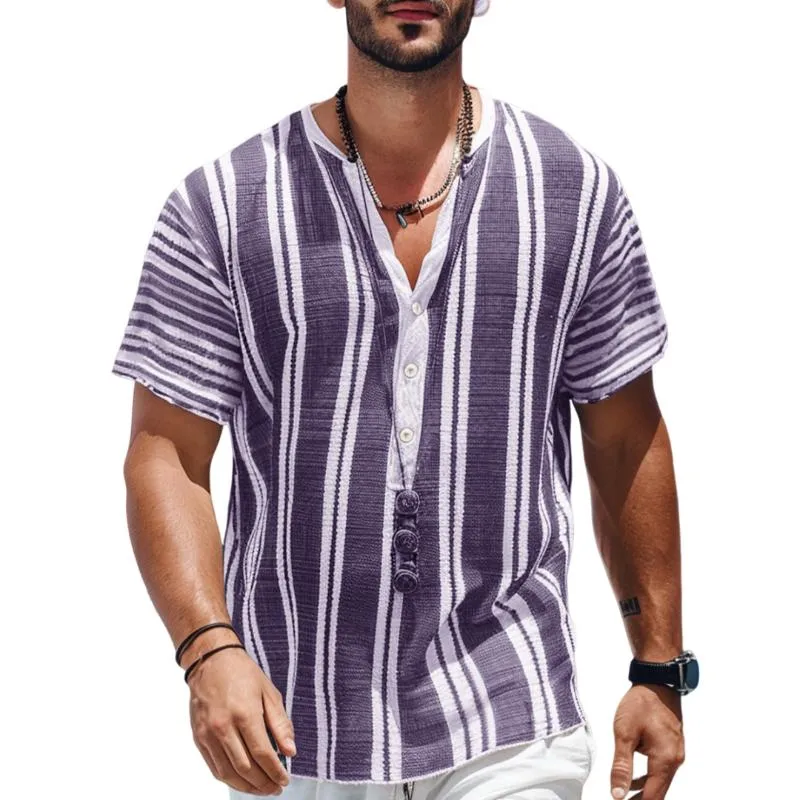 Men's Casual Stripe Print Henley Collar Loose Pullover Short Sleeve Shirt 88253401M sold by Manly product image thumbnail 5