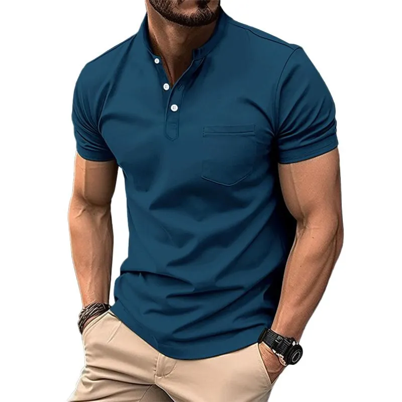 Men's Casual Stand Collar Patch Pocket Slim Fit Short Sleeve T-Shirt 82269037M made by Manly