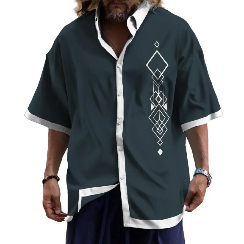 Men's Casual Ethnic Color Block Lapel Short Sleeve Shirt 77770414TO sold by Manly