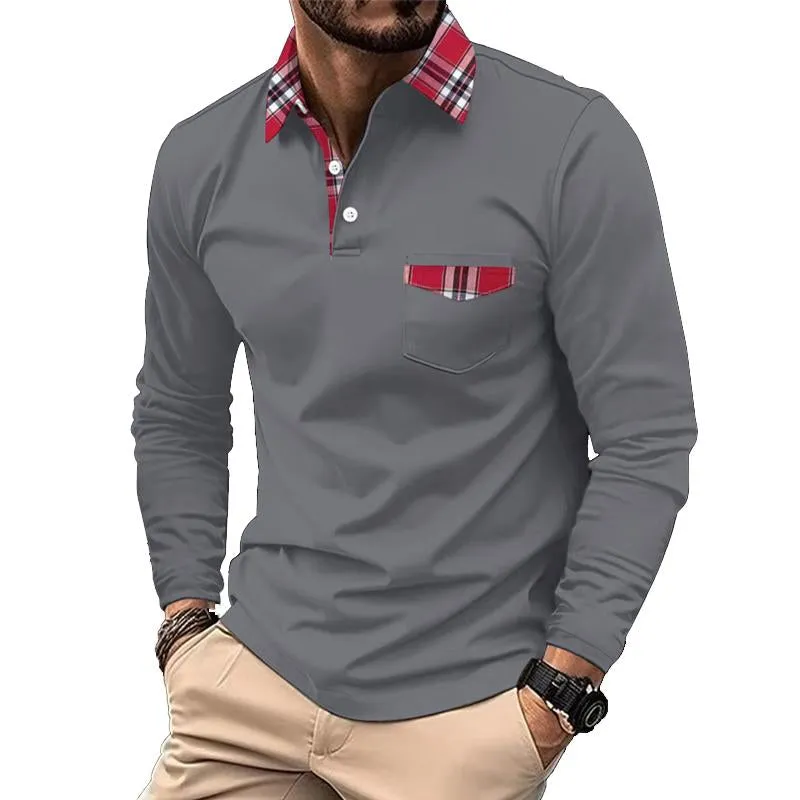 Men's Lapel Plaid Patchwork Long-sleeved Sports Polo Shirt 36877231X sold by Manly product image thumbnail 5