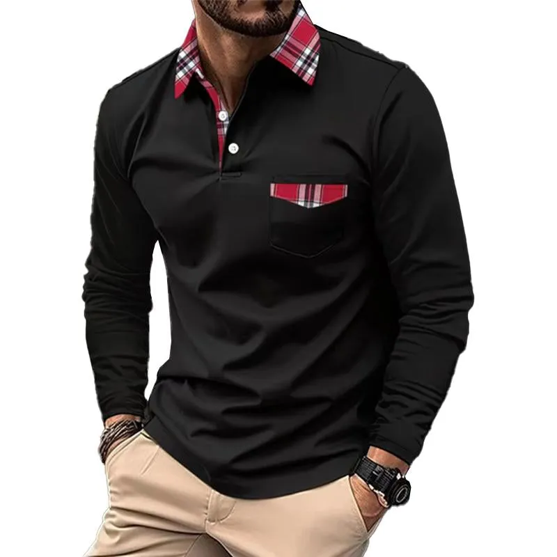 Men's Lapel Plaid Patchwork Long-sleeved Sports Polo Shirt 36877231X sold by Manly