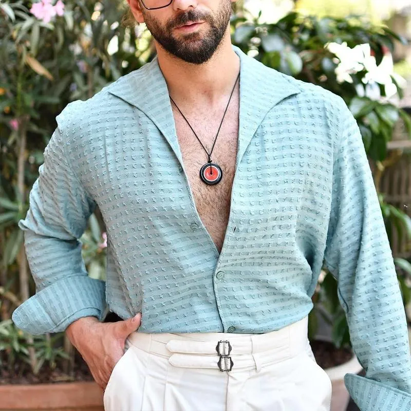 Men's Solid Color Textured Lapel Long Sleeve Shirt 26355213Z sold by Manly product image thumbnail 3