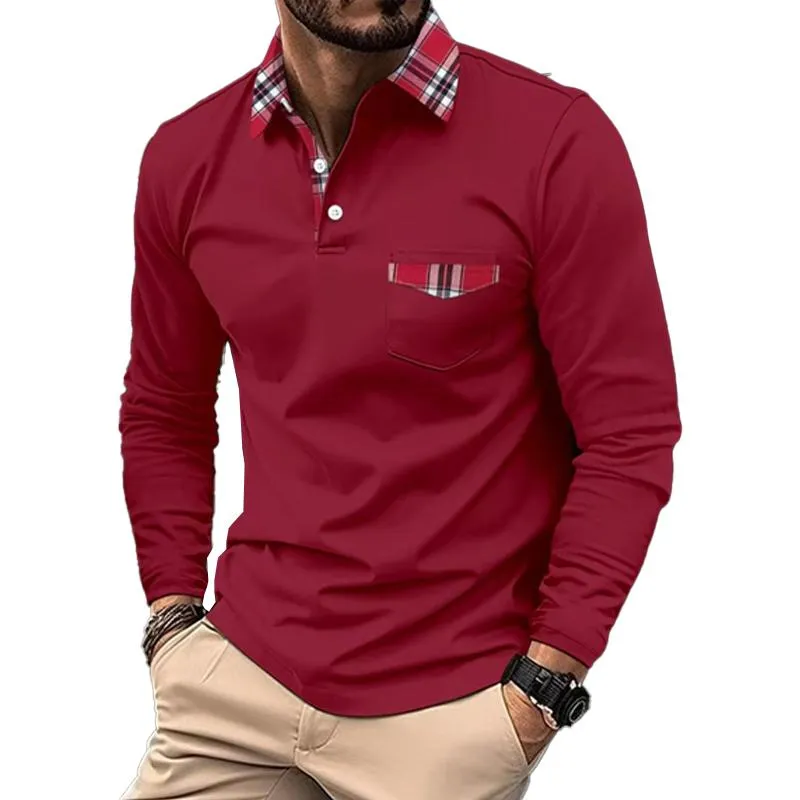 Men's Lapel Plaid Patchwork Long-sleeved Sports Polo Shirt 36877231X sold by Manly product image thumbnail 3