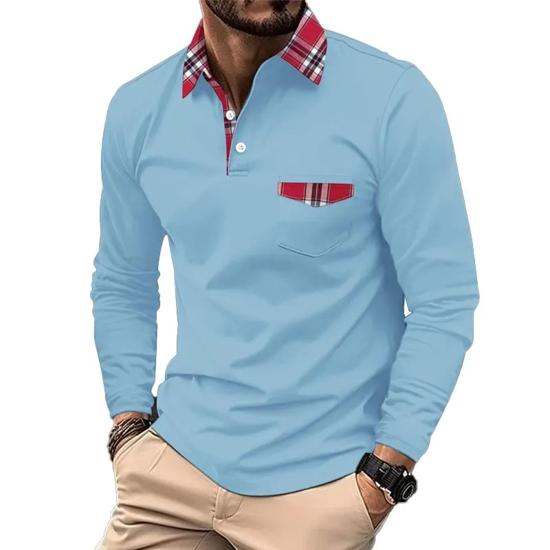 Men's Lapel Plaid Patchwork Long-sleeved Sports Polo Shirt 36877231X sold by Manly product image thumbnail 4