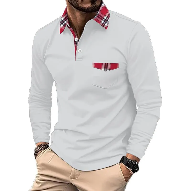 Men's Lapel Plaid Patchwork Long-sleeved Sports Polo Shirt 36877231X sold by Manly product image thumbnail 2