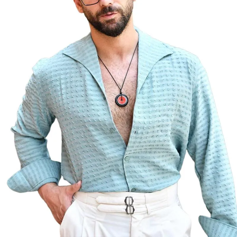 Men's Solid Color Textured Lapel Long Sleeve Shirt 26355213Z sold by Manly