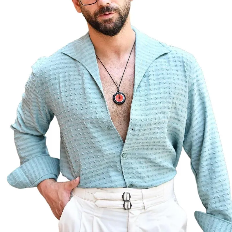 Men's Solid Color Textured Lapel Long Sleeve Shirt 26355213Z sold by Manly